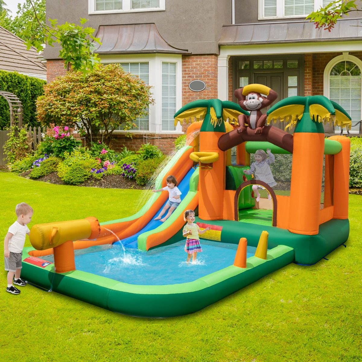 7 in 1 Tropical Inflatable Castle with Monkey & Palm Tree Theme with Water Slide with Pool & 50 Balls Load 90kg for 2 Children Aged 3-10 -