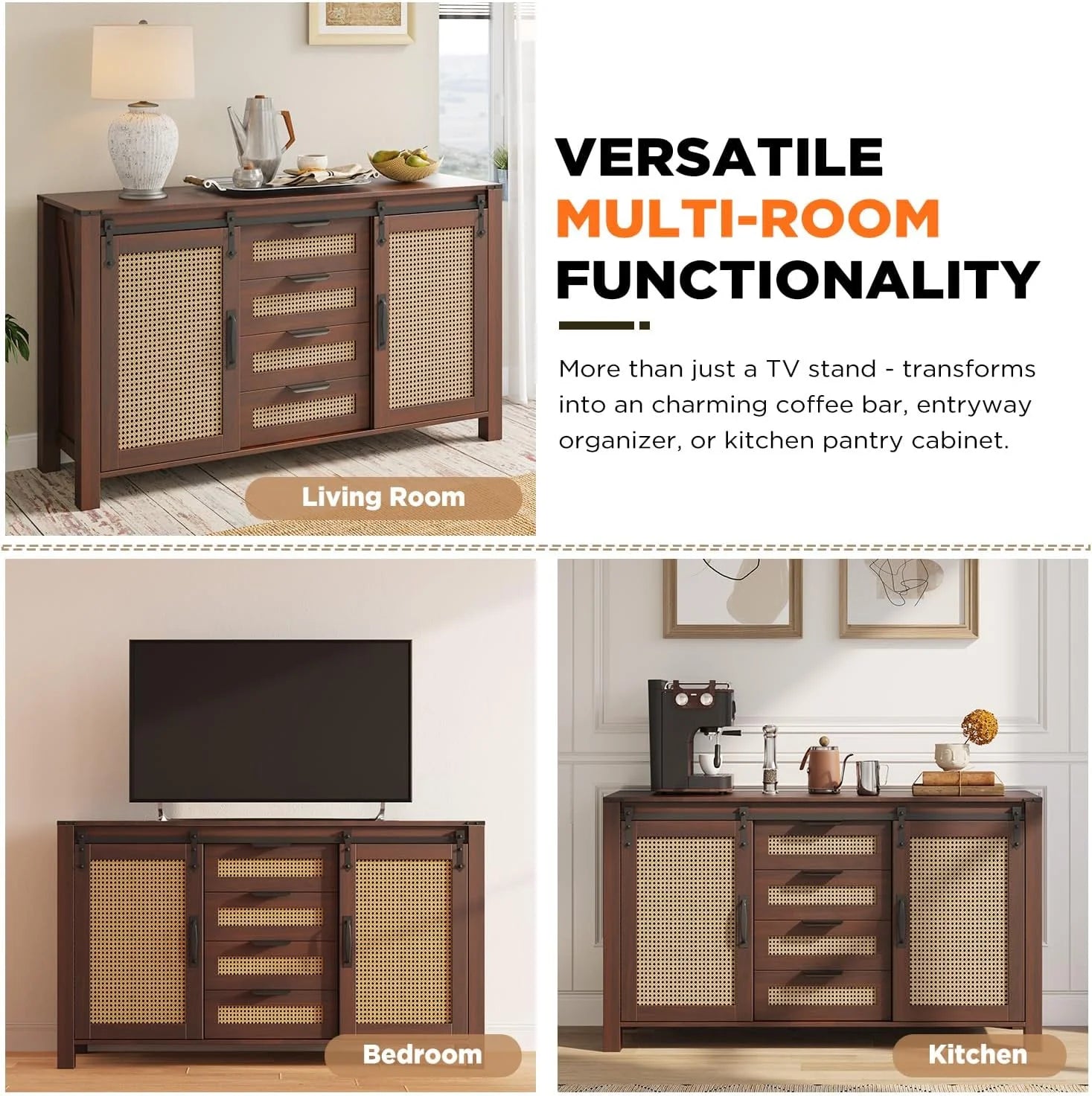 AECOJOY Farmhouse Sideboard Buffet Cabinet with Storage, Rattan Kitchen Cabinet w/Sliding Barn Doors & 4 - Product image 7