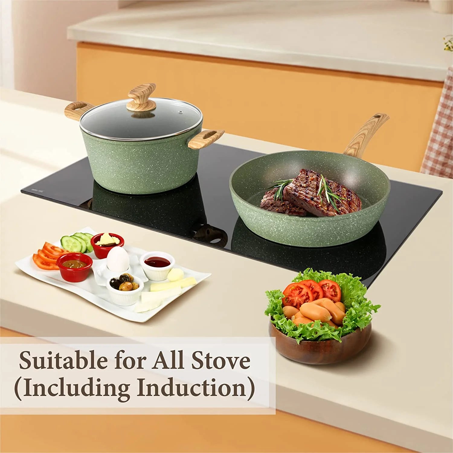Kitchen Academy 17 Pieces Induction Cookware Set with Griddle, Green Granite Pots and Pans Set Non Stick - Product image 3
