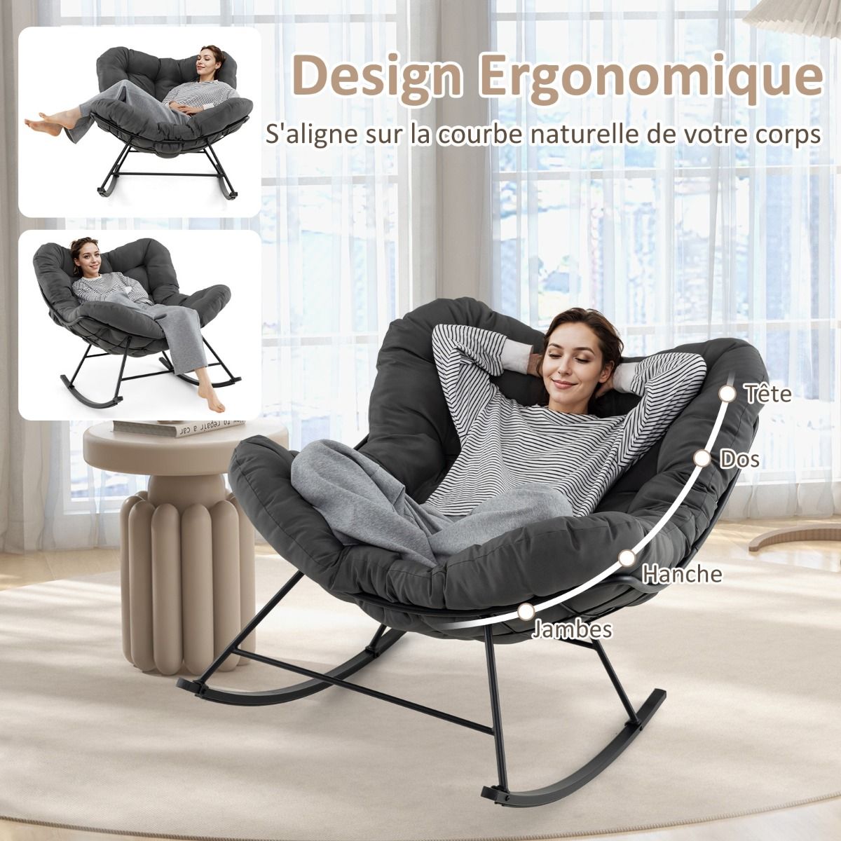 Indoor and Outdoor Rocking Chair Oversized Papasan Chair with Padded Cushion & Metal Frame Capacity 205 Kg Gray -