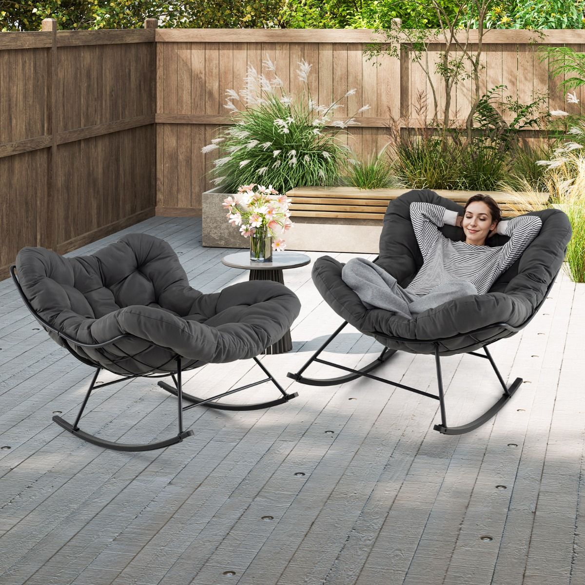 Indoor and Outdoor Rocking Chair Oversized Papasan Chair with Padded Cushion & Metal Frame Capacity 205 Kg Gray -