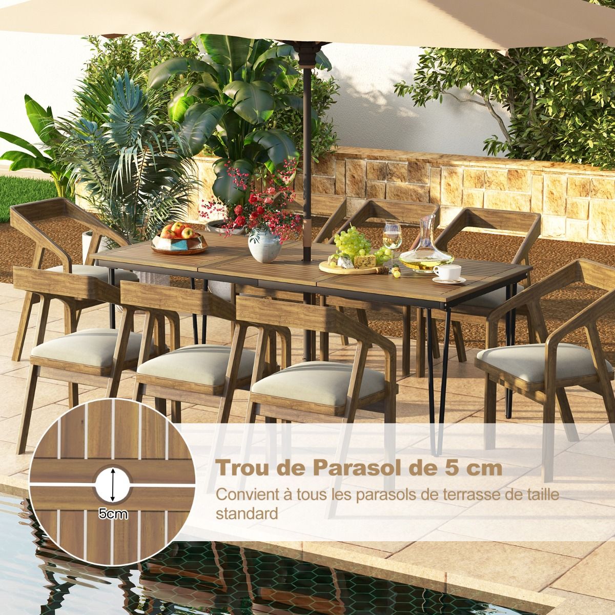 200 Cm Garden Table Outdoor Table for 8 People with Hole for 5 Cm Umbrella Metal Legs and Adjustable Footrest -