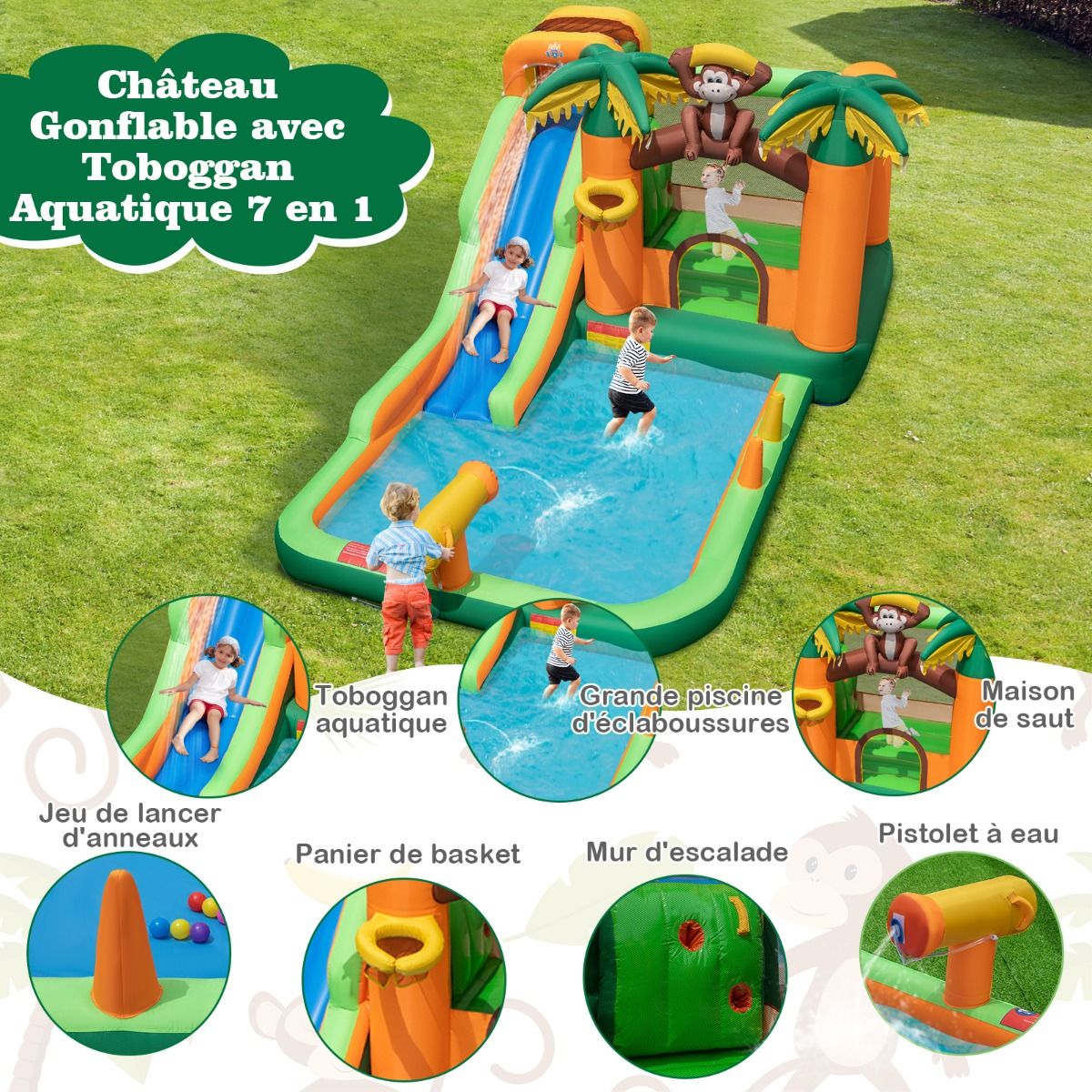 7 in 1 Tropical Inflatable Castle with Monkey & Palm Tree Theme with Water Slide with Pool & 50 Balls Load 90kg for 2 Children Aged 3-10 -