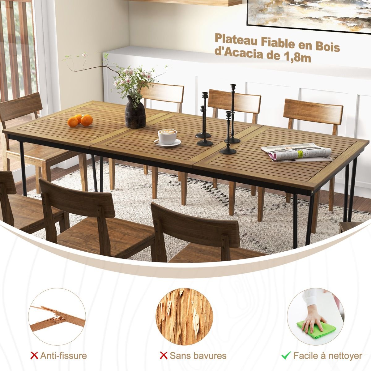 200 Cm Garden Table Outdoor Table for 8 People with Hole for 5 Cm Umbrella Metal Legs and Adjustable Footrest -