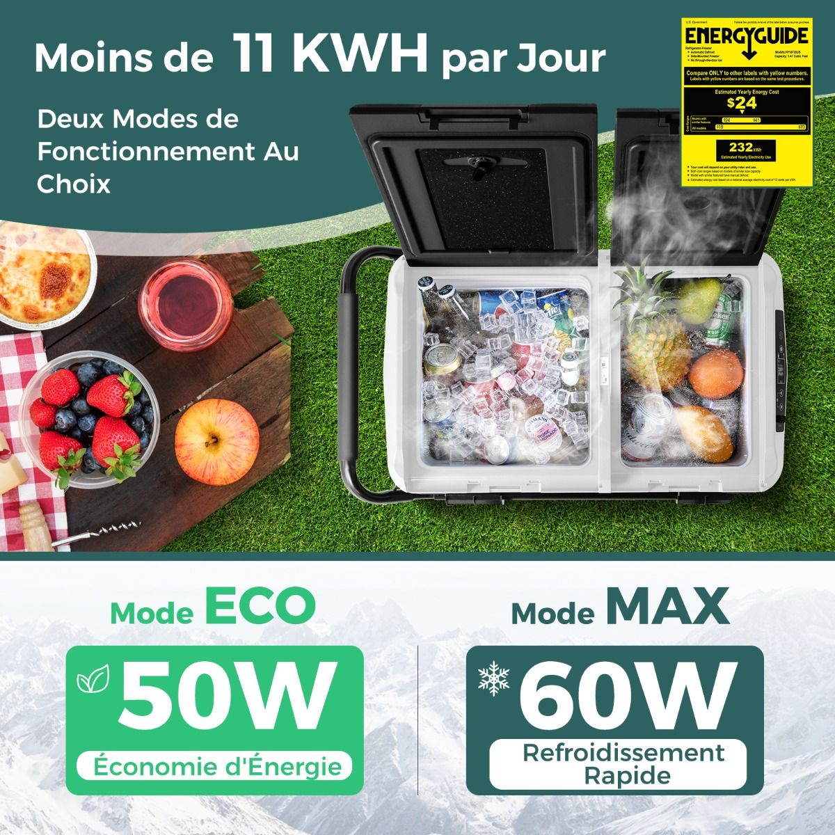 Portable Electric Cool Box Dual Zone 40L Car Refrigerator 12 V Compressor -20℃ ~ 2012/24V DC and 100-240V AC Black -