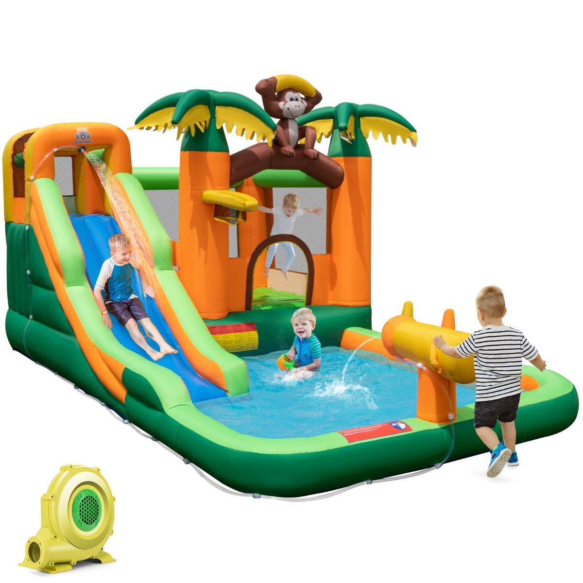 7 in 1 Tropical Inflatable Castle with Monkey & Palm Tree Theme with Water Slide with Pool & 50 Balls Load 90kg for 2 Children Aged 3-10 -