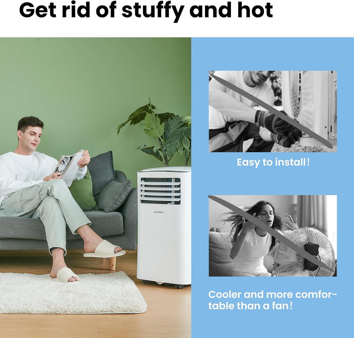 COMFEE' Mobile Air Conditioner 9000 BTU/h 2.6kW, 3-IN-1 Cooler Dehumidifier Fan, Follow me Function, Timer, Night Mode, For Living Room and 33㎡/88m³ Home, MPPH-09CRN7, R290