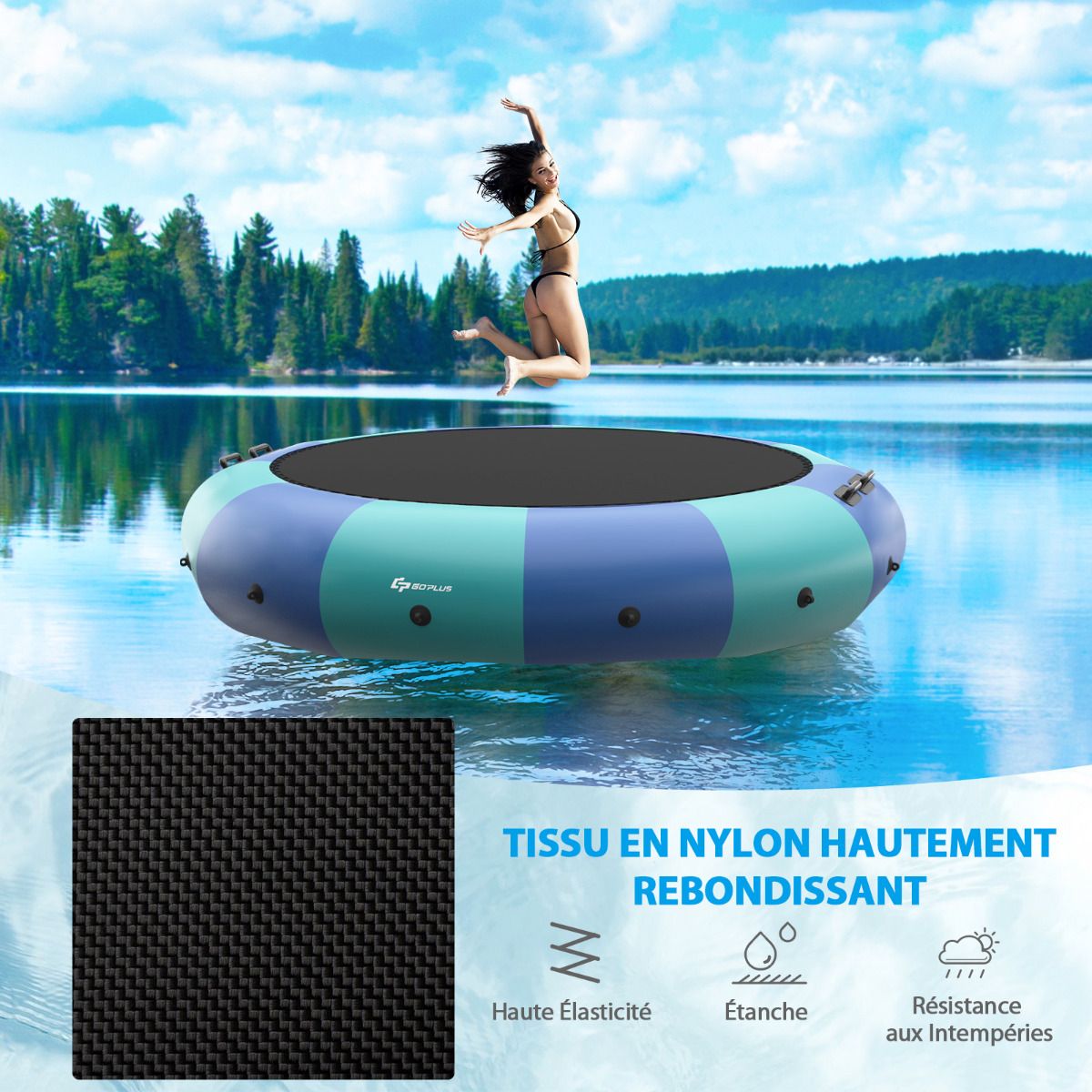 Inflatable Water Trampoline Dia.457cm 150kg Capacity with Ladder Repair Kit and 500w Electric Inflator Blue -