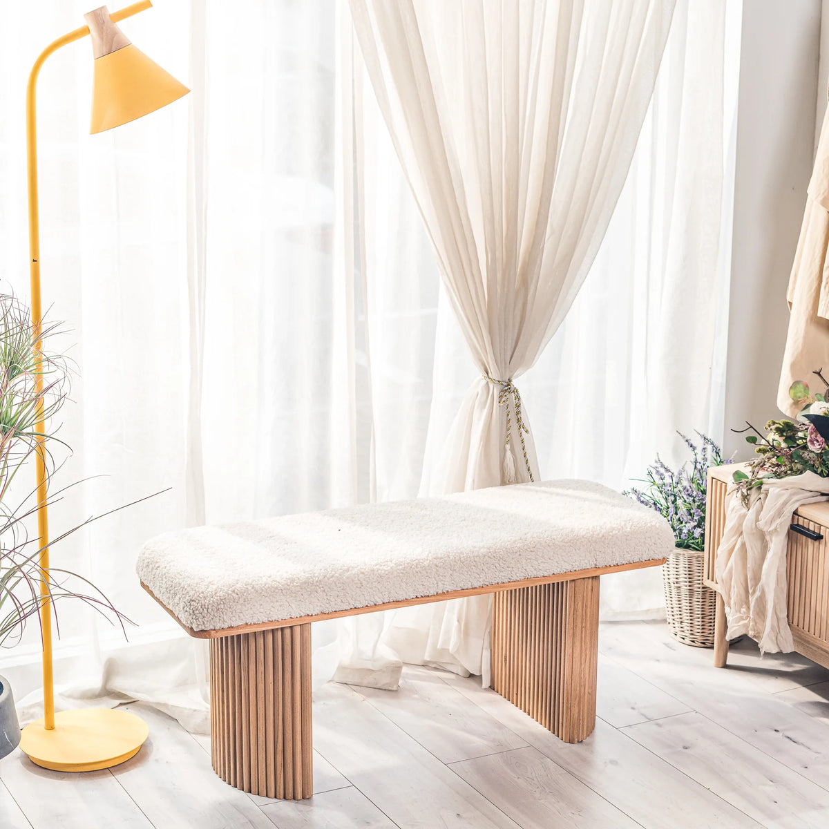 Solid Wood and Beige Velvet Bench Exotic Boho Entryway