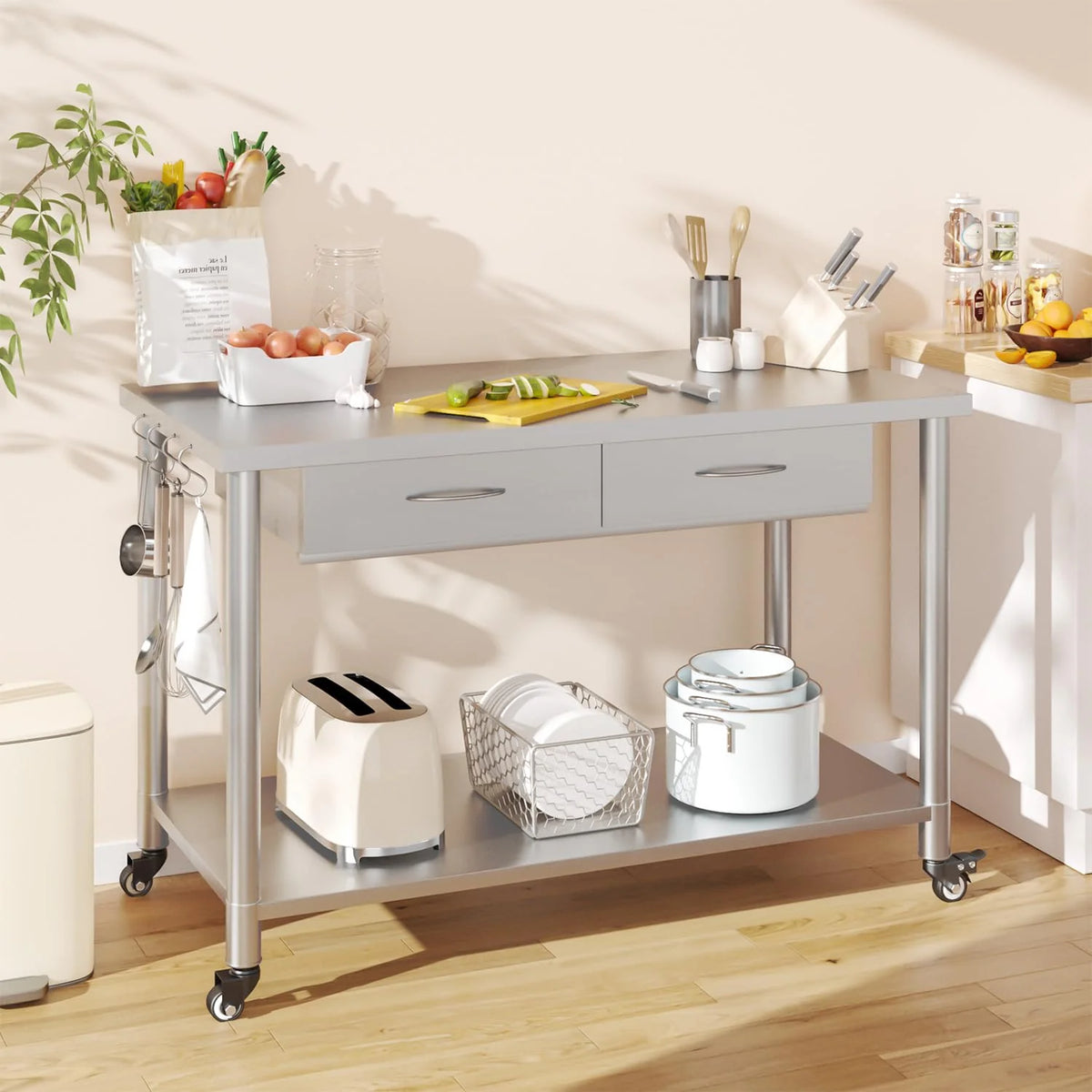 AECOJOY Stainless Steel Work Table with 2 Drawers, 48"x24" Commercial Kitchen Prep Table with Casters - Product image 7
