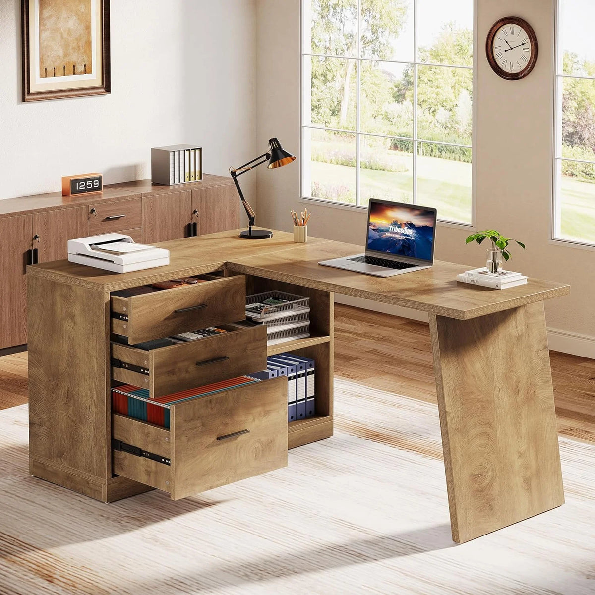 55 - Inch L Shaped Computer Desk with 3 Drawers, Corner Home Office Desk with Storage Shelves - Product image 3