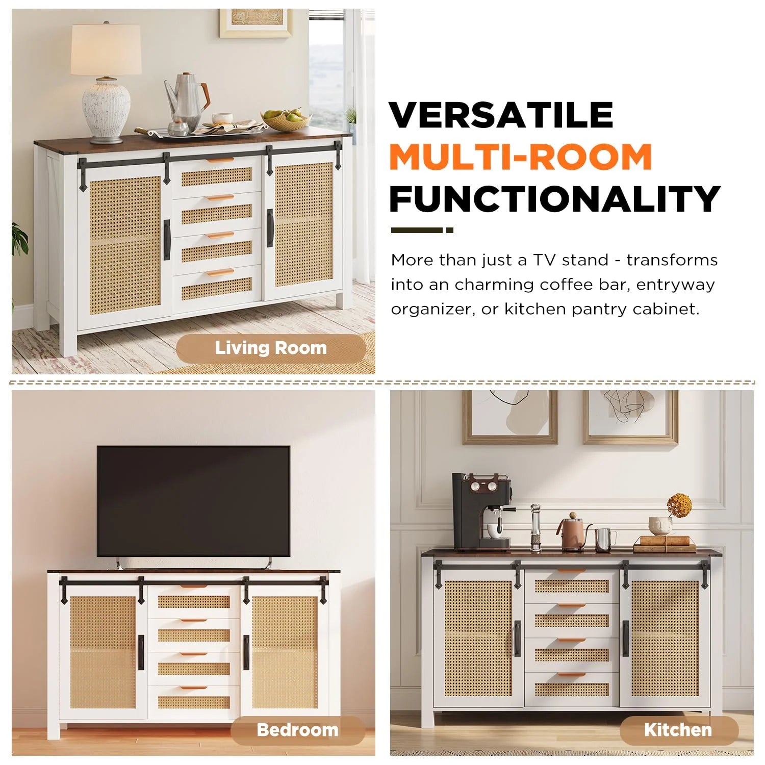AECOJOY Farmhouse Sideboard Buffet Cabinet with Storage, Rattan Kitchen Cabinet w/Sliding Barn Doors & 4 - Product image 14