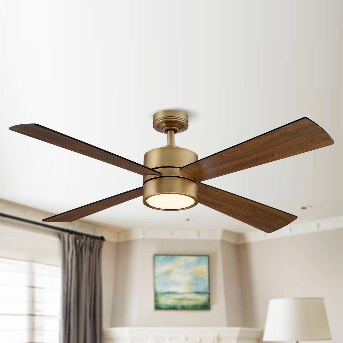 52" Wooden 4-Blade Brushed Brass LED Ceiling Fan with Remote - Walnut - Product image 1