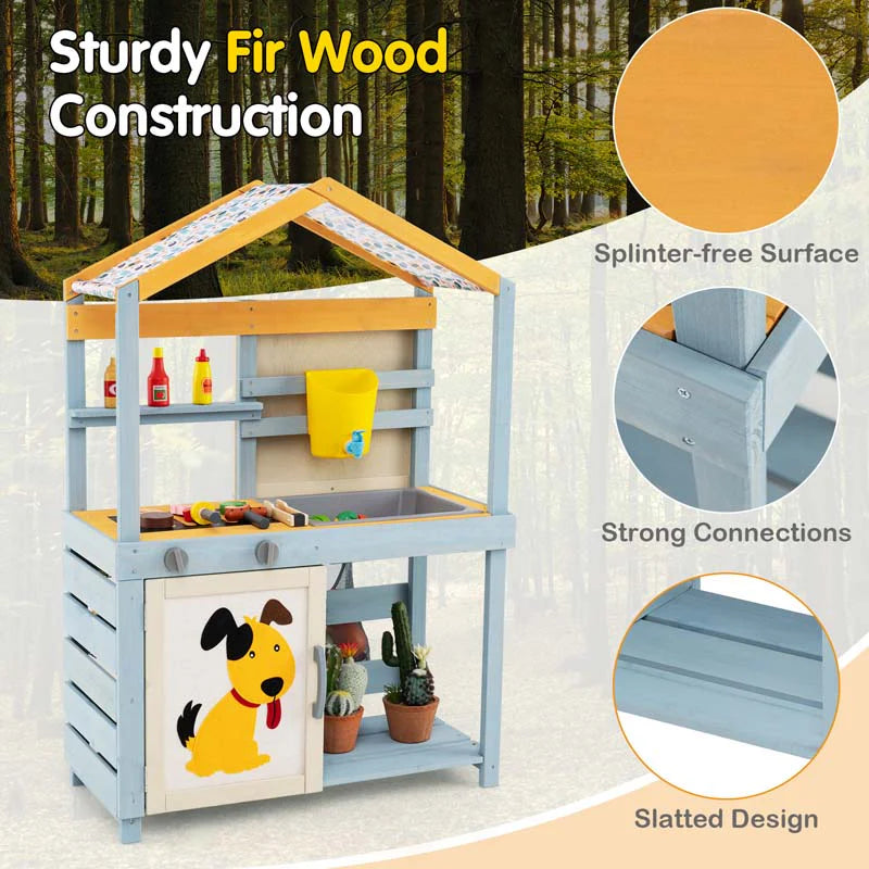 3-in-1 Double-Sided Kids Mud Kitchen, Indoor Outdoor Play Kitchen BBQ Grill & Grocery Playset with Sink - Product image 4