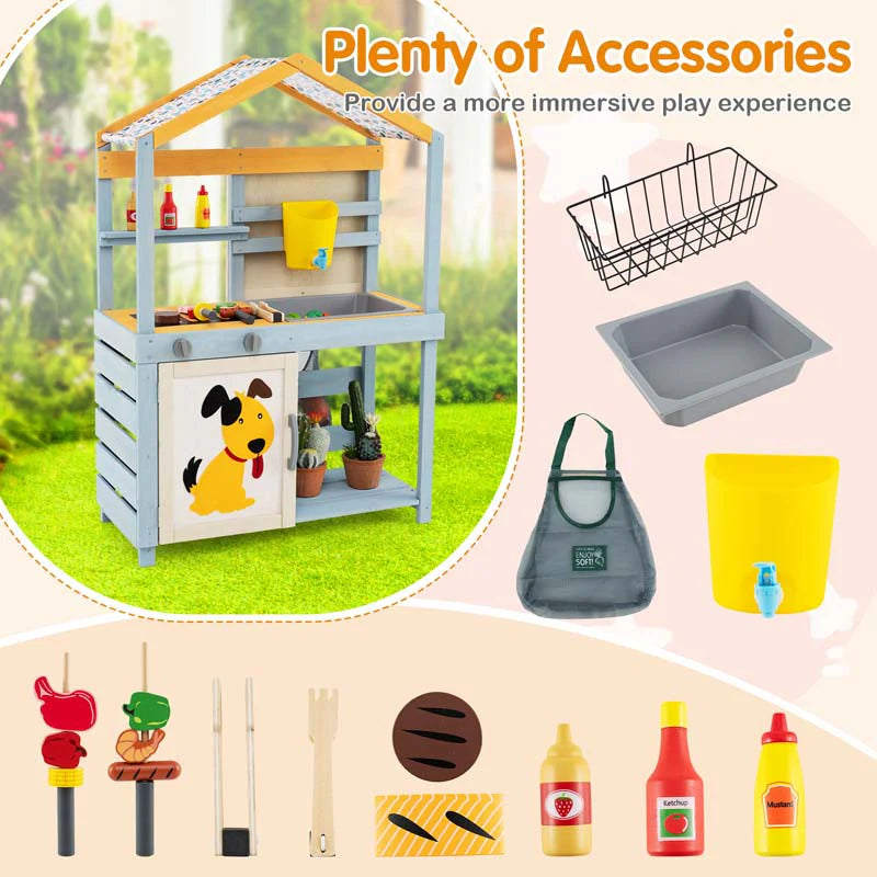 3-in-1 Double-Sided Kids Mud Kitchen, Indoor Outdoor Play Kitchen BBQ Grill & Grocery Playset with Sink - Product image 8