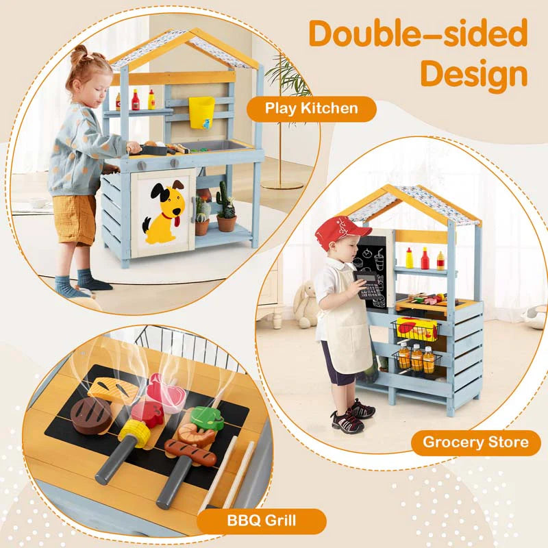 3-in-1 Double-Sided Kids Mud Kitchen, Indoor Outdoor Play Kitchen BBQ Grill & Grocery Playset with Sink - Product image 5