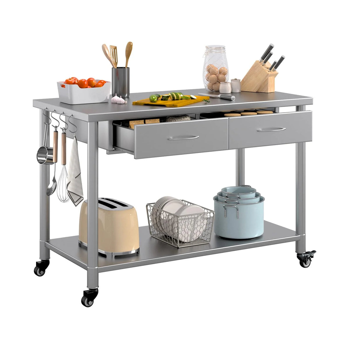 AECOJOY Stainless Steel Work Table with 2 Drawers, 48"x24" Commercial Kitchen Prep Table with Casters - Product image 1