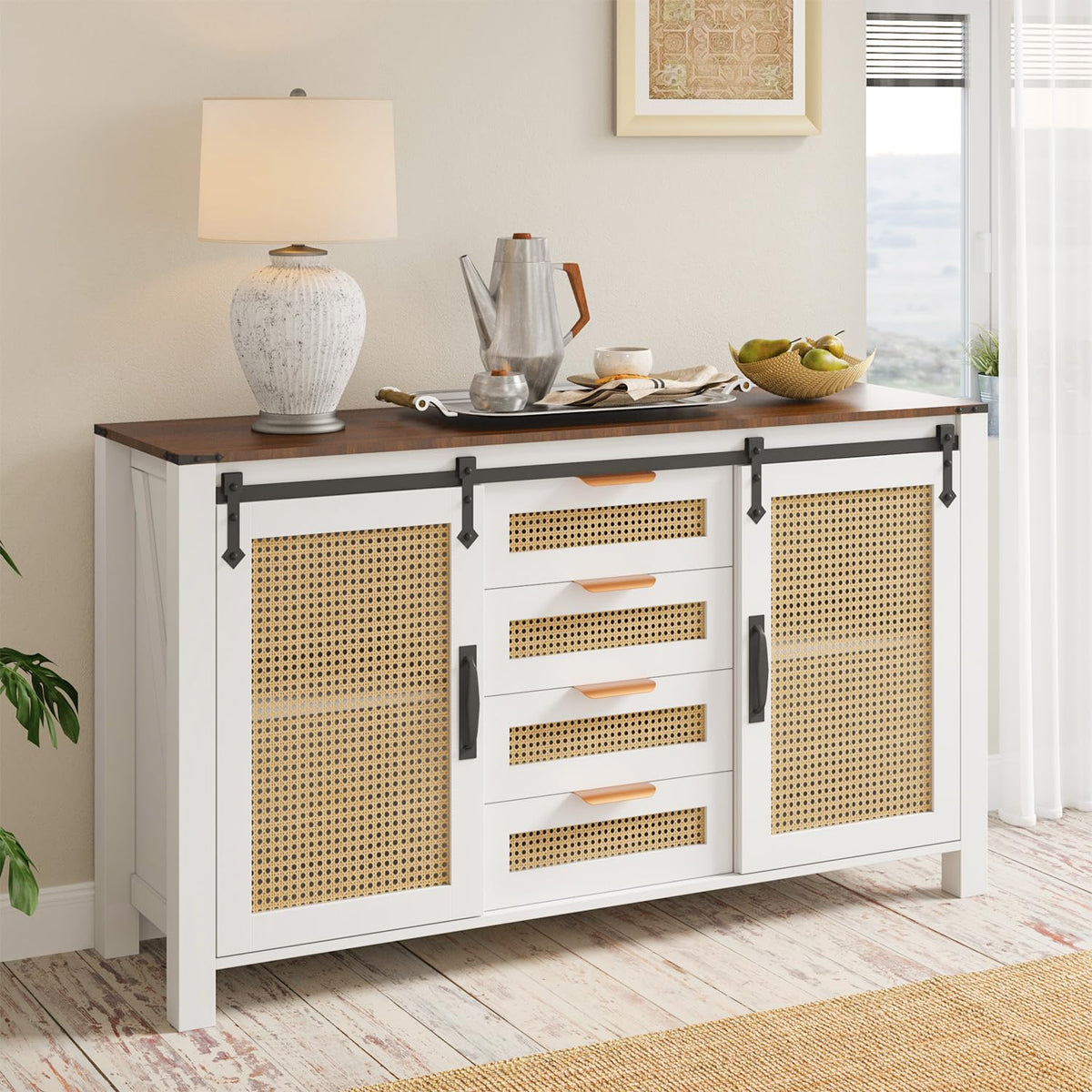 AECOJOY Farmhouse Sideboard Buffet Cabinet with Storage, Rattan Kitchen Cabinet w/Sliding Barn Doors & 4 - Product image 12