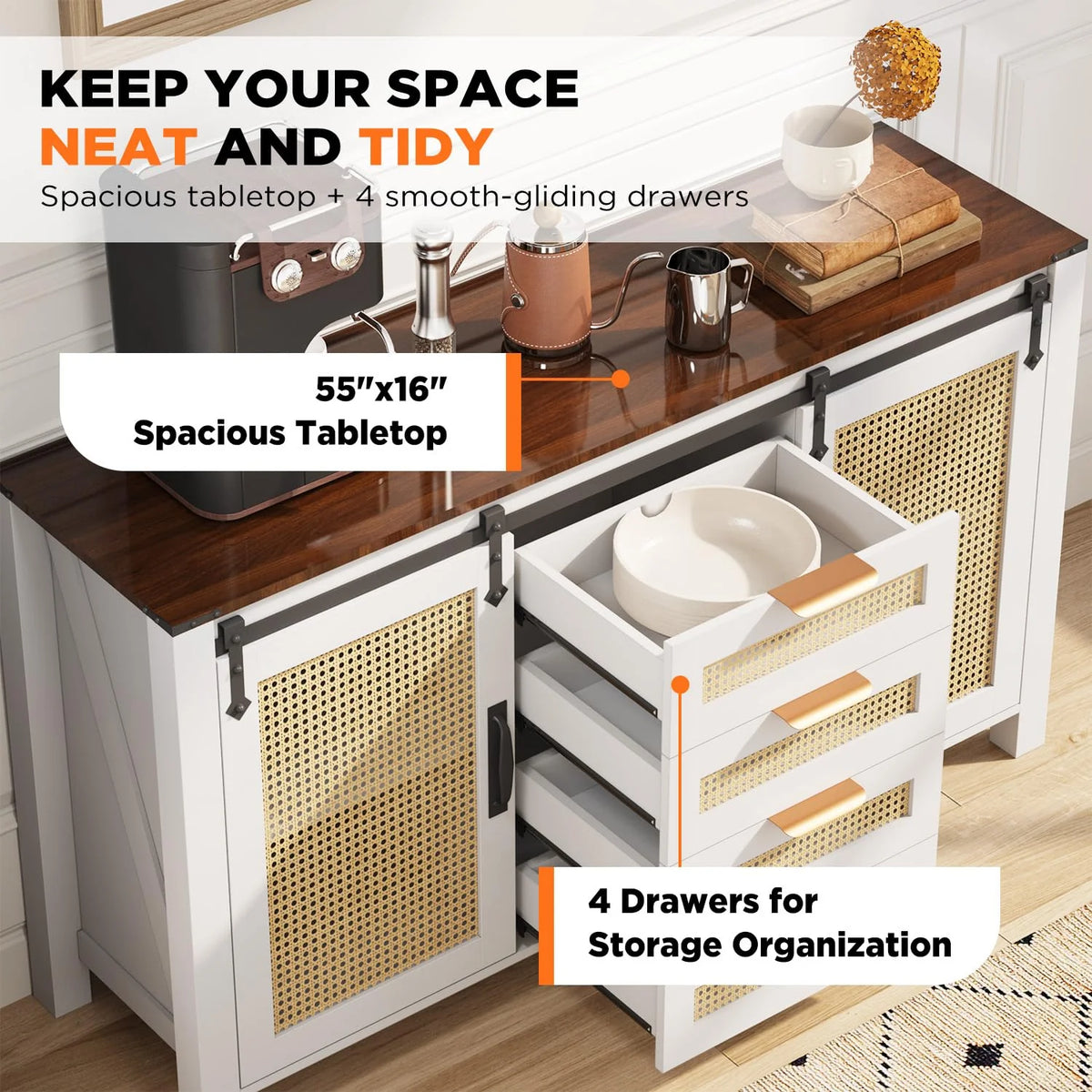 AECOJOY Farmhouse Sideboard Buffet Cabinet with Storage, Rattan Kitchen Cabinet w/Sliding Barn Doors & 4 - Product image 11