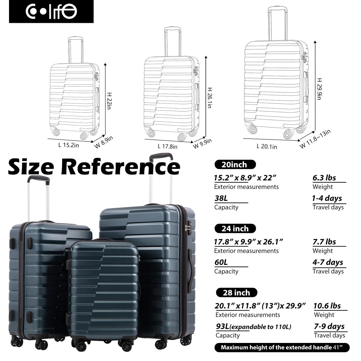 COOLIFE Expandable Suitcase PC ABS TSA Luggage 3 Piece Set - Product image 2