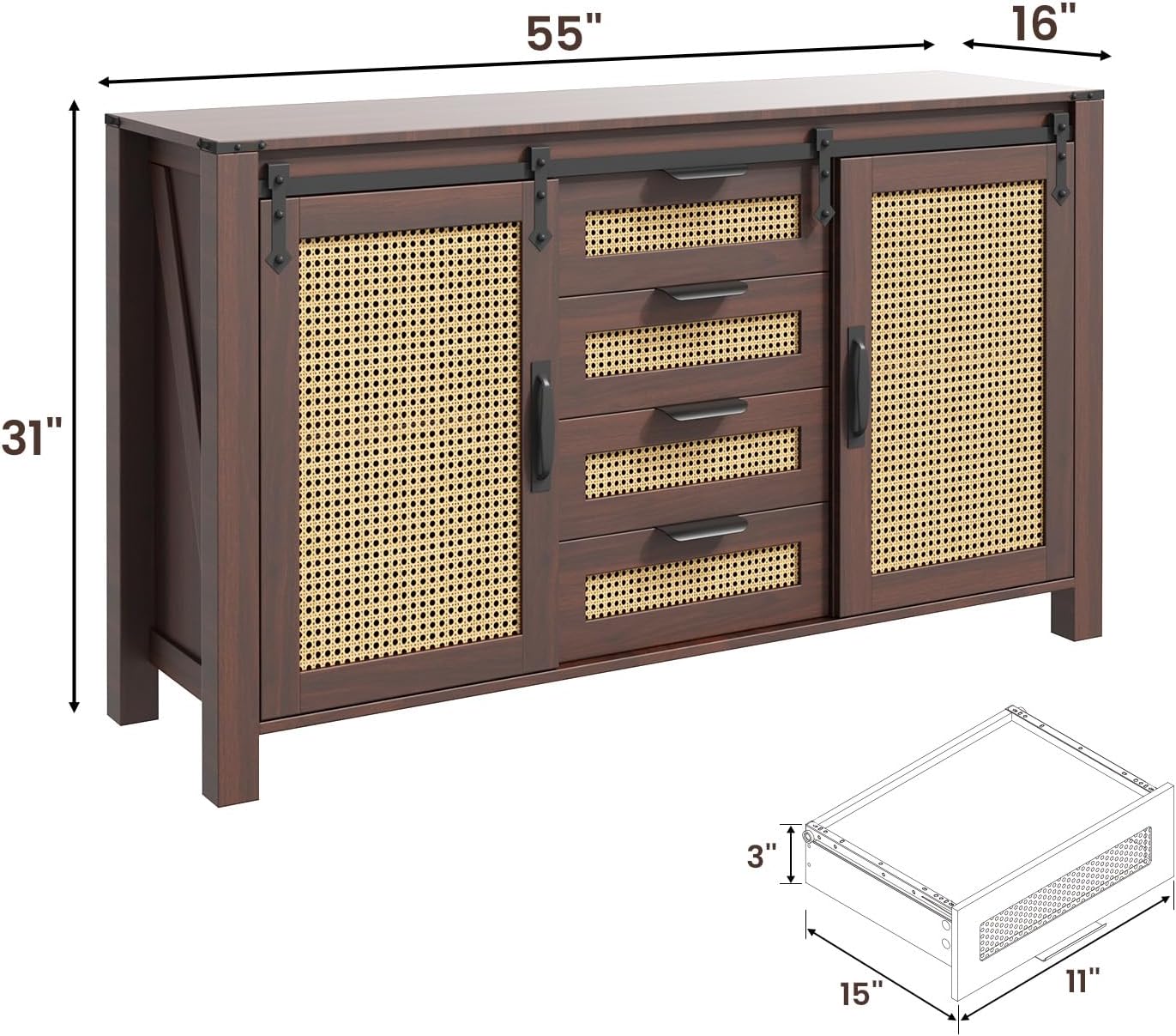 AECOJOY Farmhouse Sideboard Buffet Cabinet with Storage, Rattan Kitchen Cabinet w/Sliding Barn Doors & 4 - Product image 3