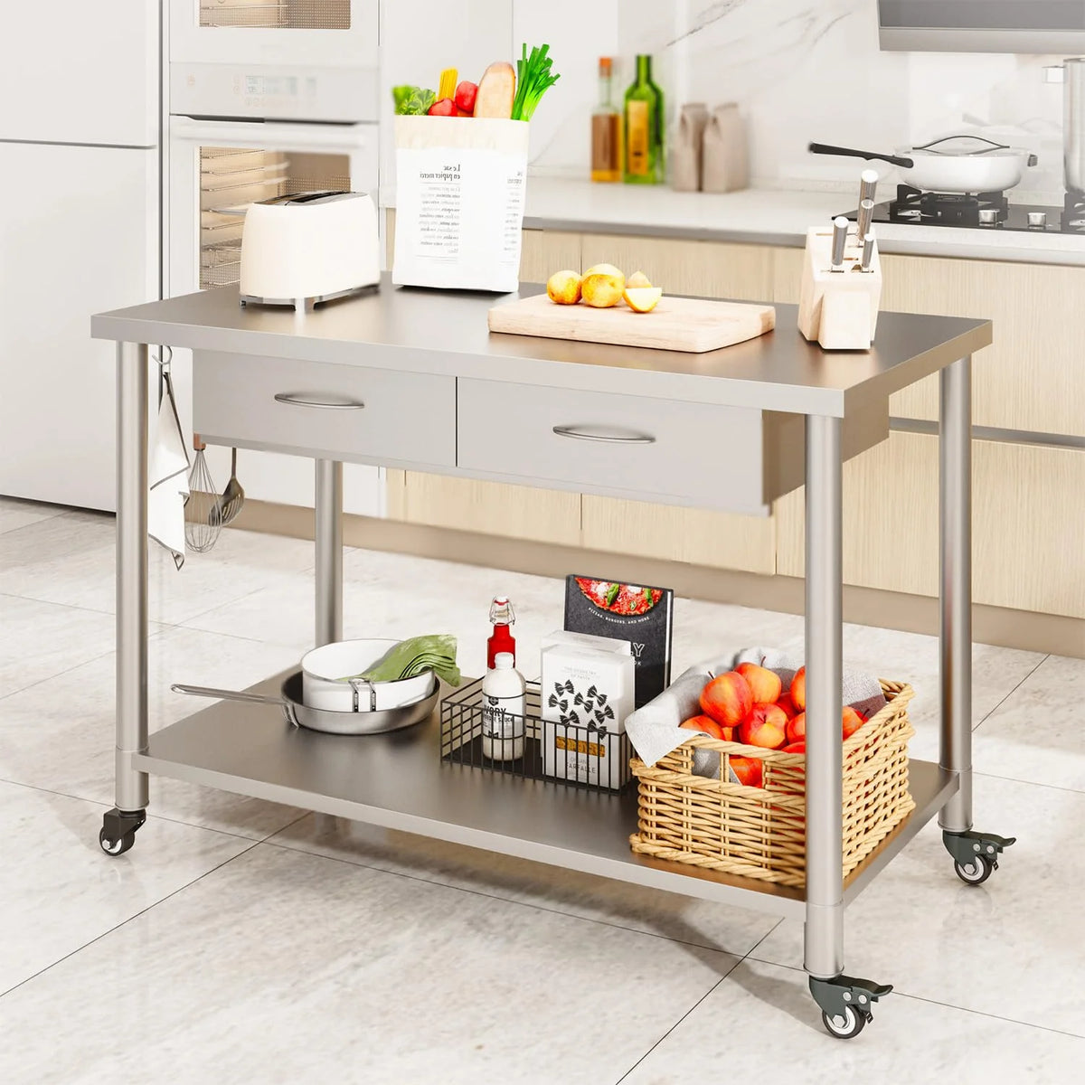 AECOJOY Stainless Steel Work Table with 2 Drawers, 48"x24" Commercial Kitchen Prep Table with Casters - Product image 6
