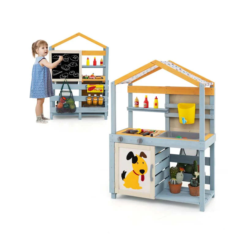 3-in-1 Double-Sided Kids Mud Kitchen, Indoor Outdoor Play Kitchen BBQ Grill & Grocery Playset with Sink - Product image 1