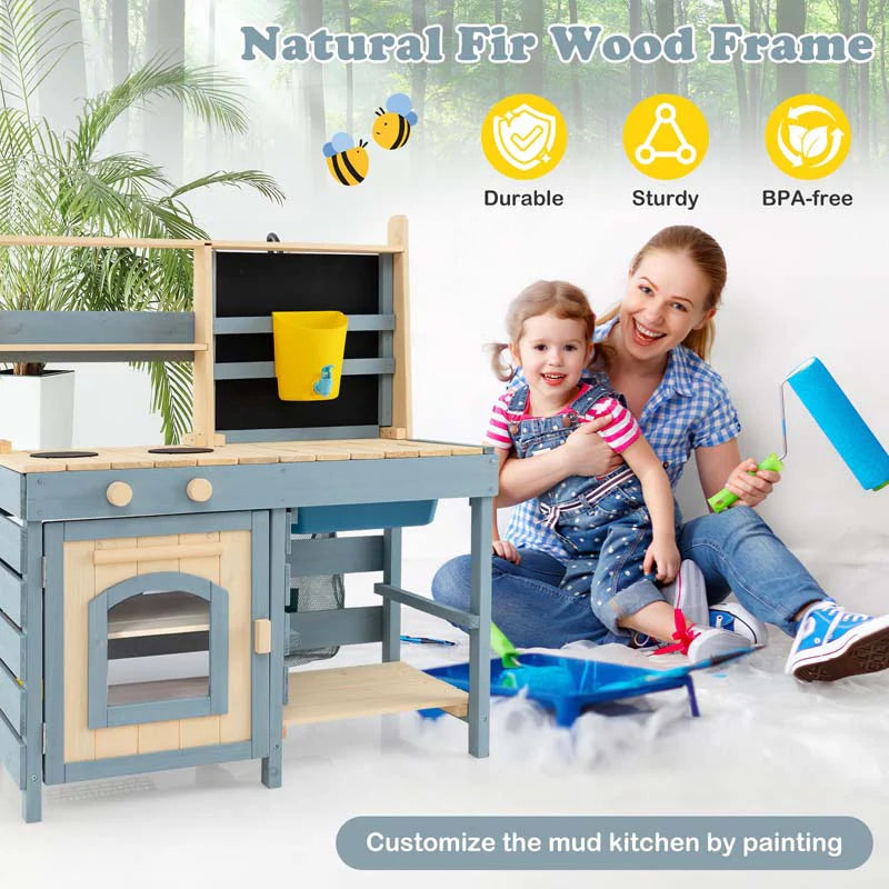 2-In-1 Kids Outdoor Mud Kitchen, Fir Wood Double Sided Kitchen Playset & Grocery Store with Faucet - Product image 7
