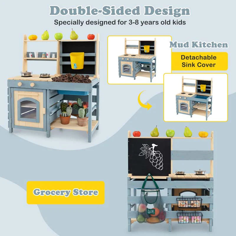 2-In-1 Kids Outdoor Mud Kitchen, Fir Wood Double Sided Kitchen Playset & Grocery Store with Faucet - Product image 4