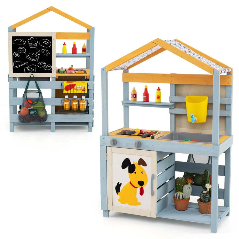 3-in-1 Double-Sided Kids Mud Kitchen, Indoor Outdoor Play Kitchen BBQ Grill & Grocery Playset with Sink - Product image 3