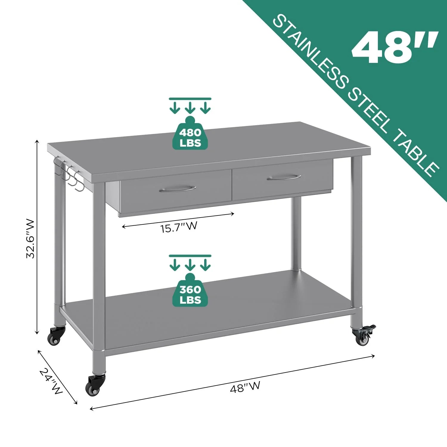 AECOJOY Stainless Steel Work Table with 2 Drawers, 48"x24" Commercial Kitchen Prep Table with Casters - Product image 3