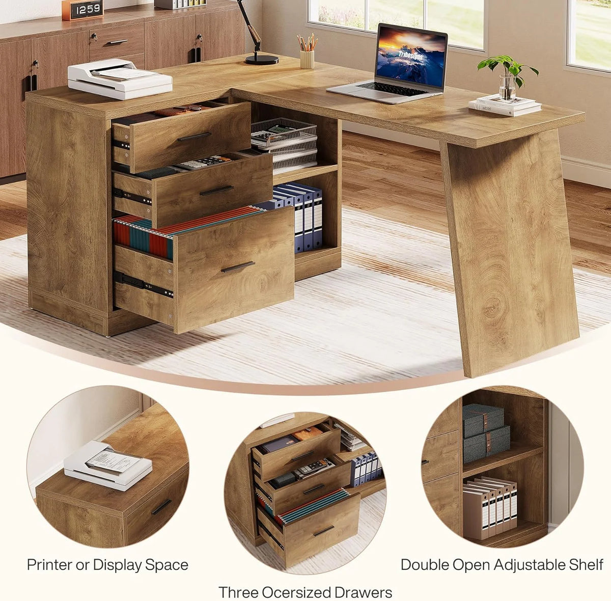 55 - Inch L Shaped Computer Desk with 3 Drawers, Corner Home Office Desk with Storage Shelves - Product image 4